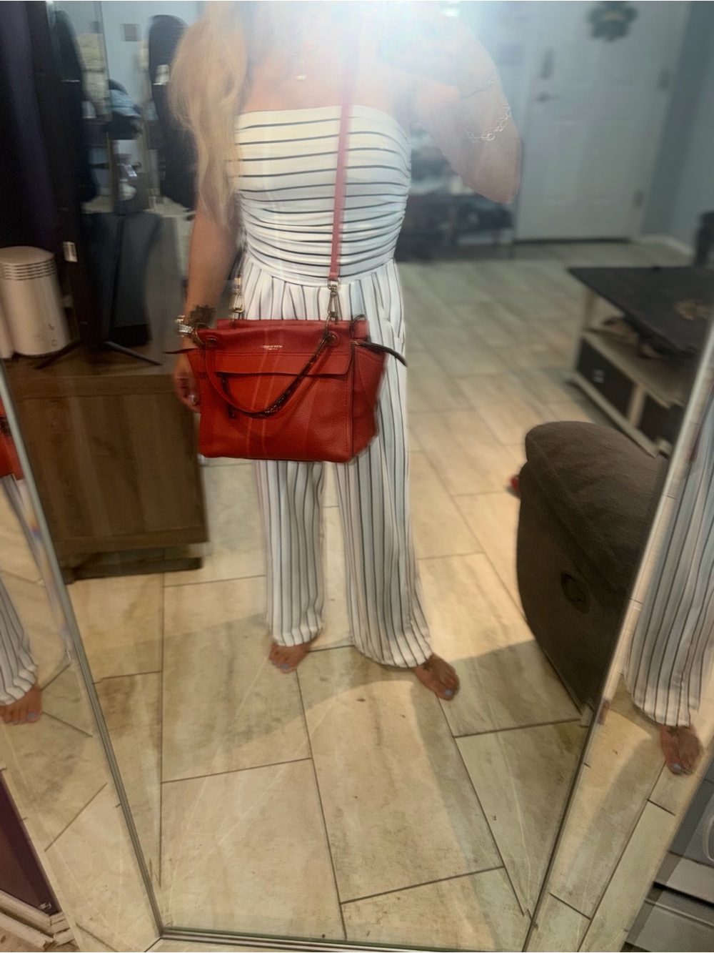 Henri Bendel Orange-Red Pebbled Leather Shoulder Bag with Snakeskin Accent - Picture 12 of 12